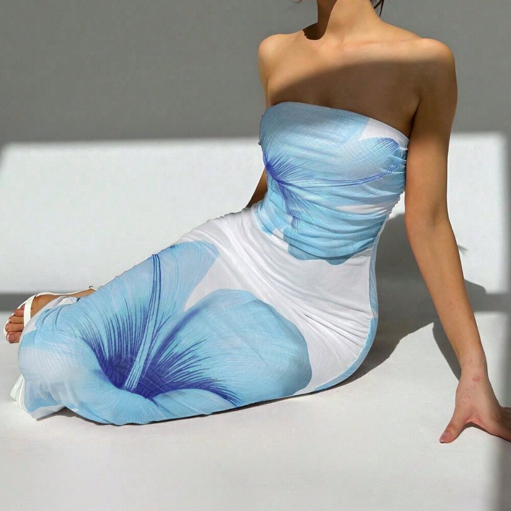 Blue Sexy Women's Romantic Date Night Strapless Bodycon Dress